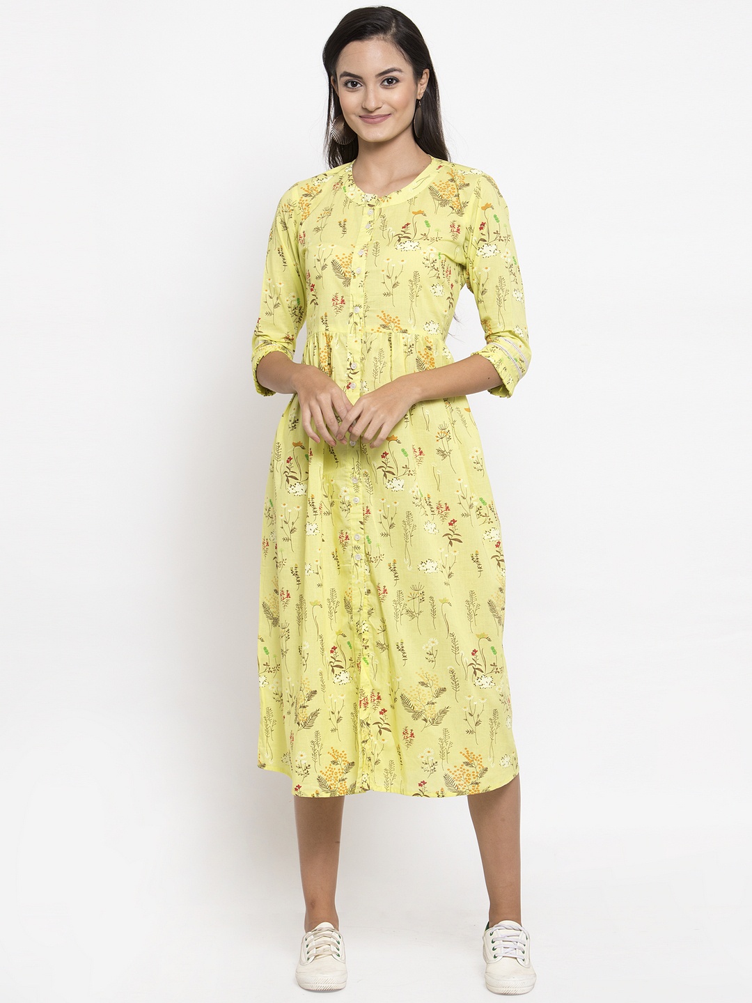 

Indibelle Women Yellow Printed Fit and Flare Dress