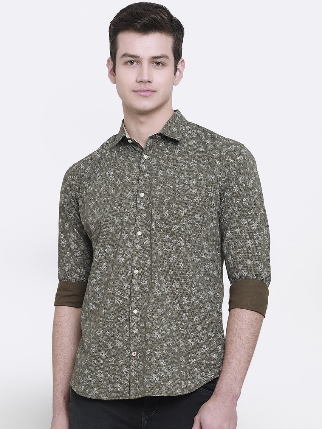 

cape canary Men Olive Green Regular Fit Printed Casual Shirt