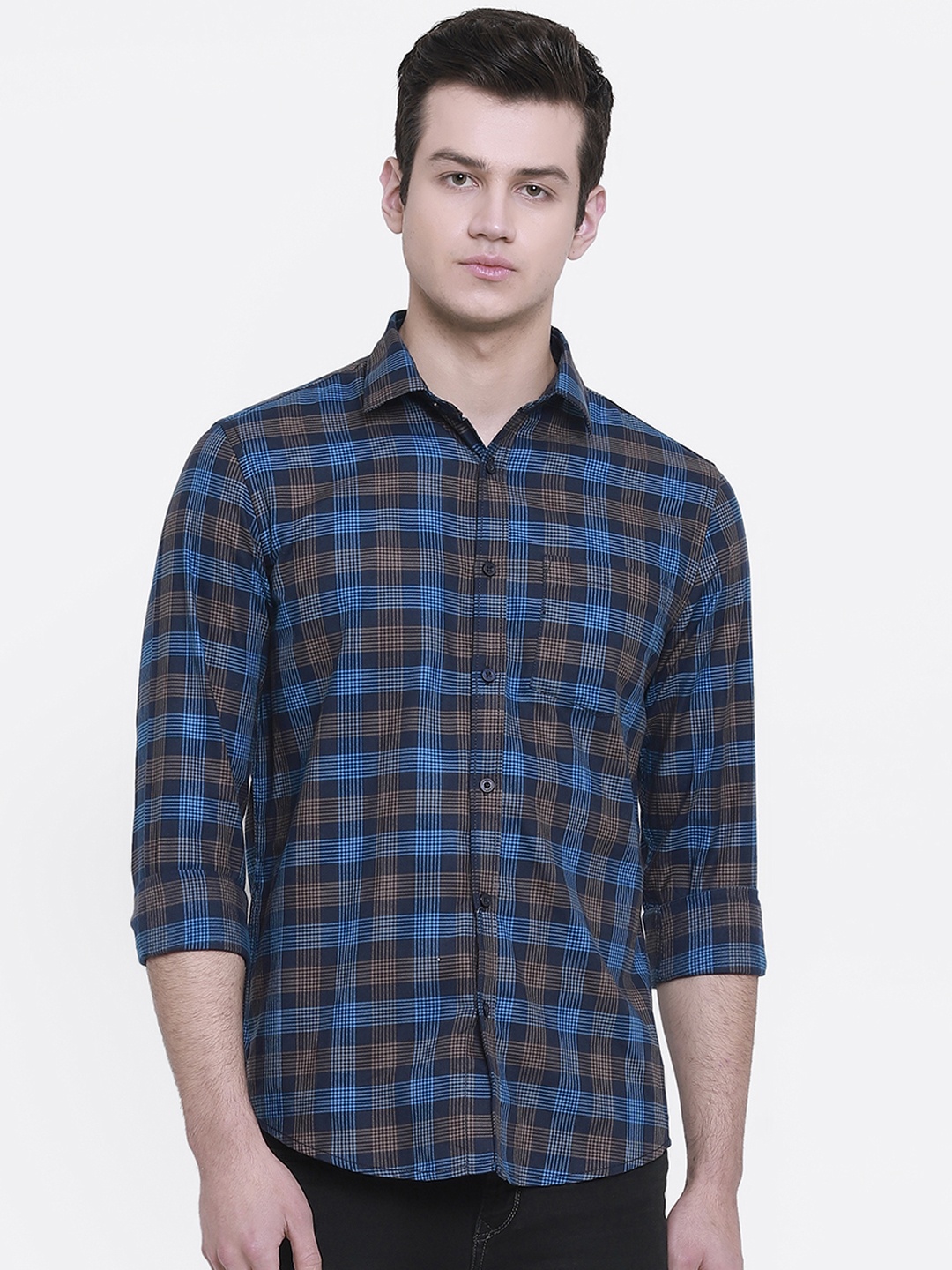 

cape canary Men Blue & Brown Regular Fit Checked Casual Shirt
