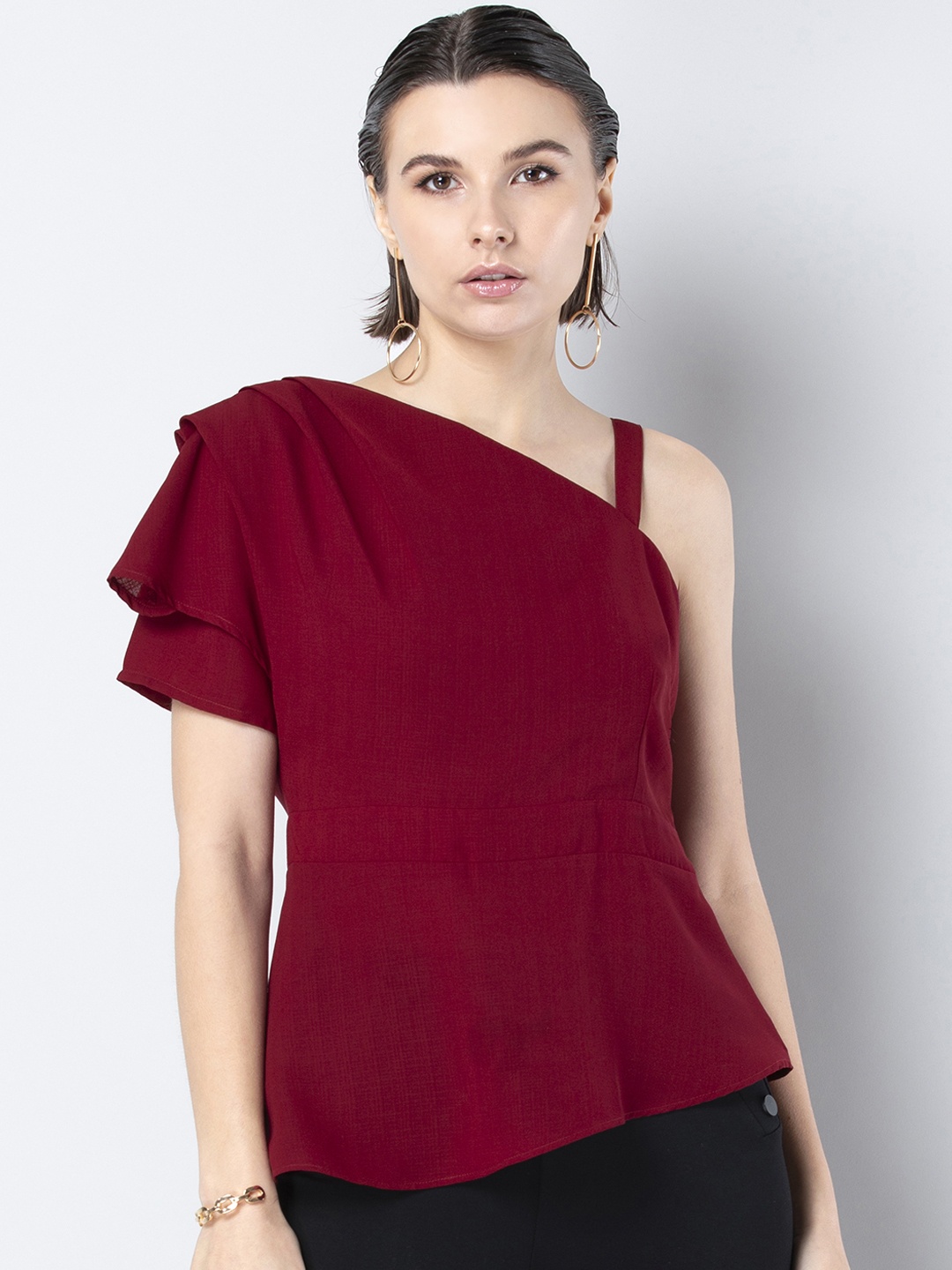 

FabAlley Women Maroon Solid Peplum Top