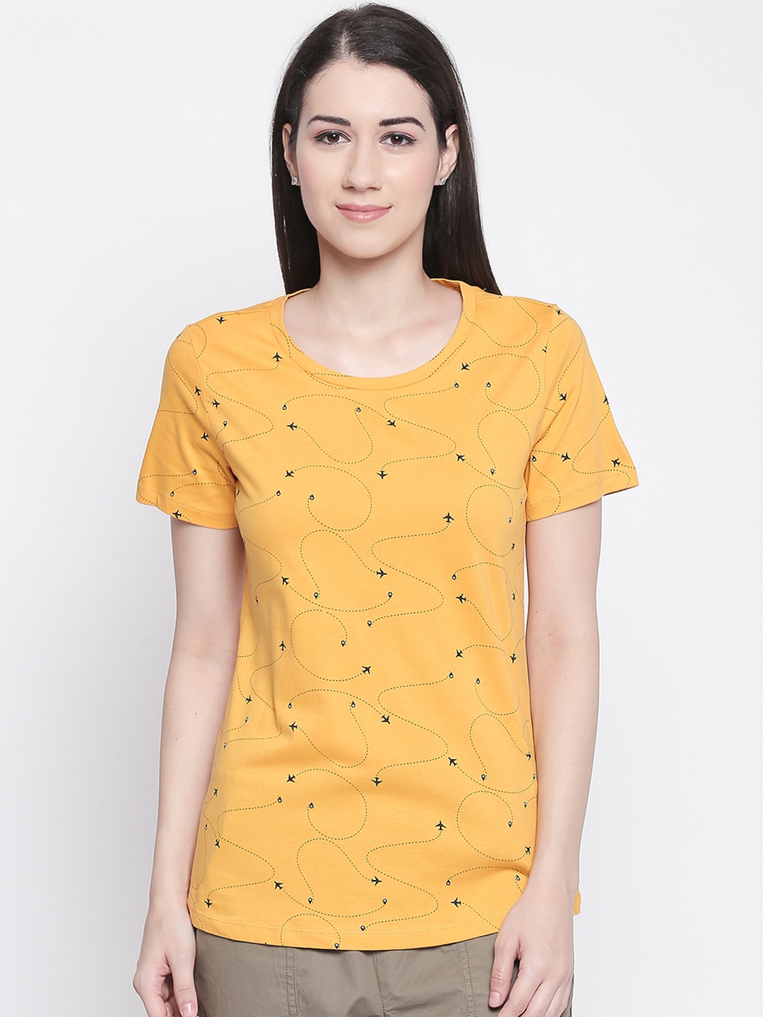 

Honey by Pantaloons Women Yellow Blue Printed Round Neck Pure Cotton T-shirt