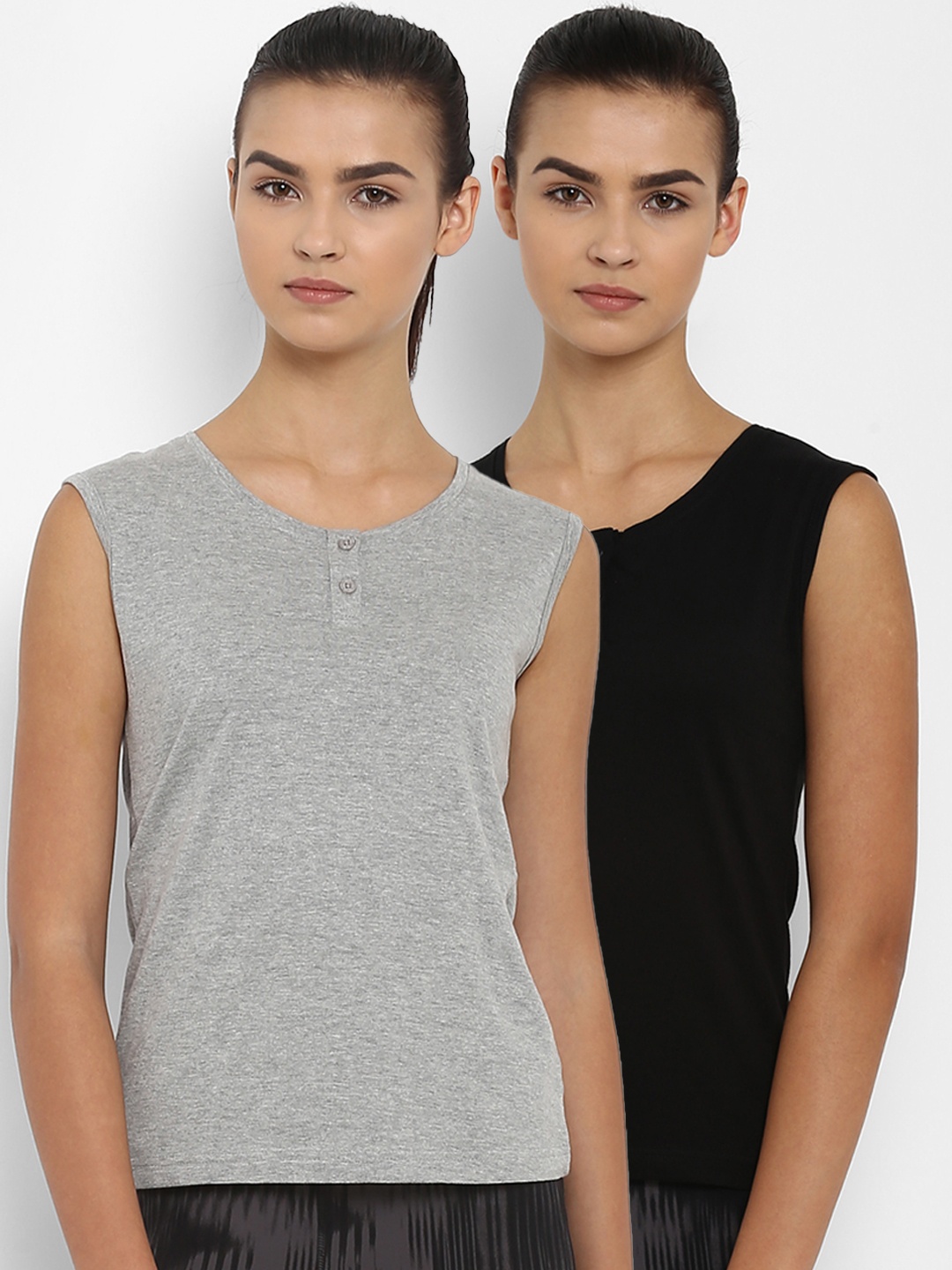 appulse Women Pack Of 2 Solid Henley Neck T-shirt, Grey melange