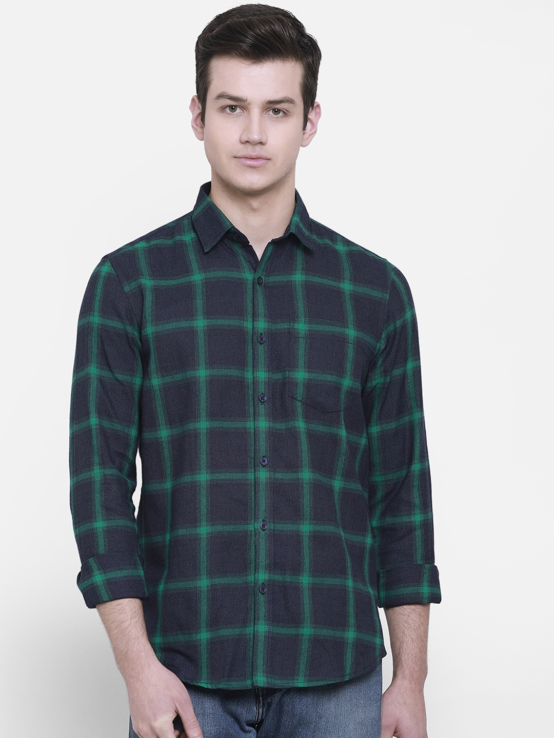 

cape canary Men Green & Navy Blue Regular Fit Checked Casual Shirt