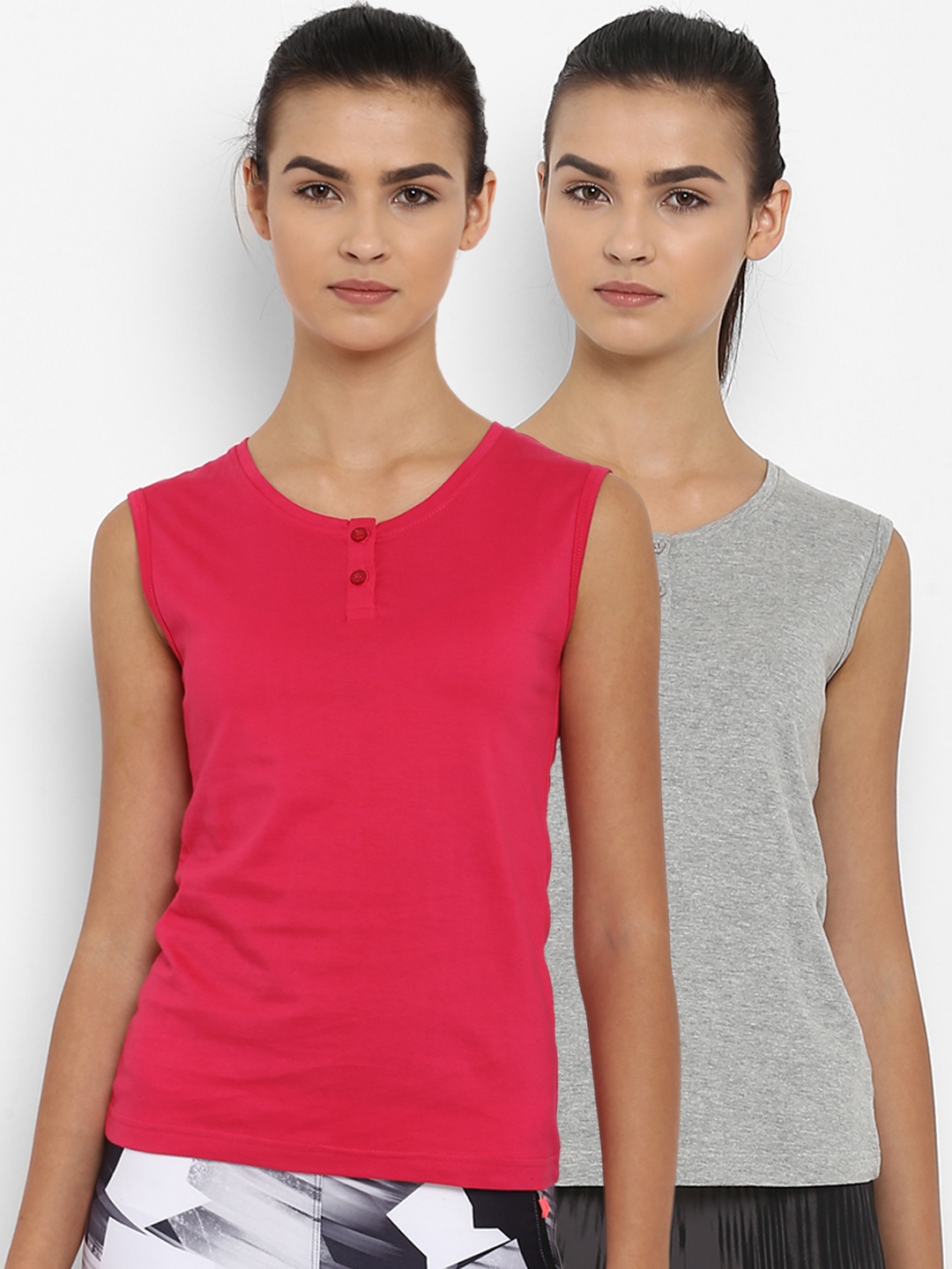 

appulse Women Pack Of 2 Solid Henley Neck T-shirt, Grey melange