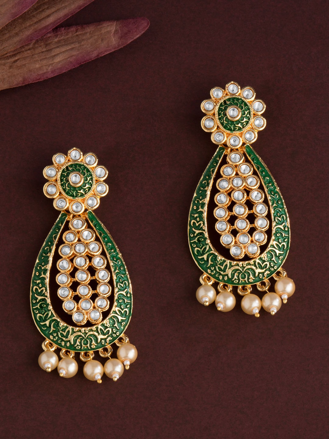 

E2O Gold-Plated & Green Teardrop Shaped Drop Earrings