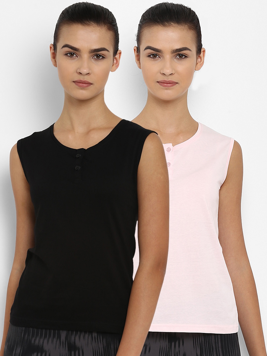 appulse Women Pack Of 2 Solid Henley Neck T-shirt, Black