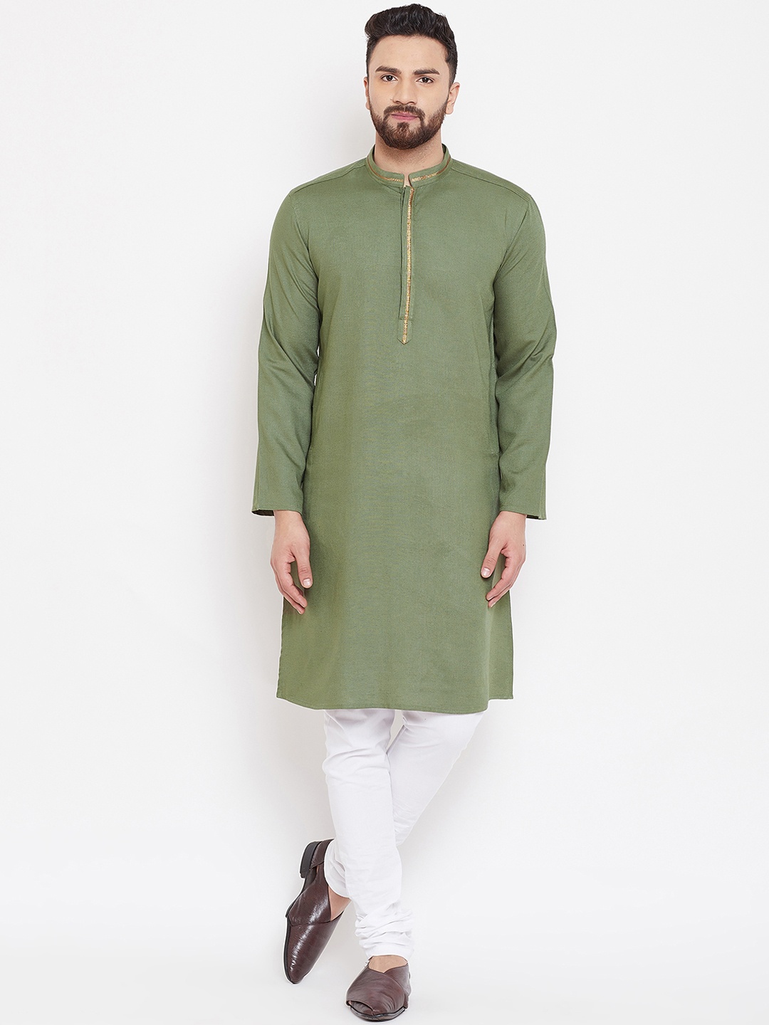 even Men Green Solid Straight Linen Kurta