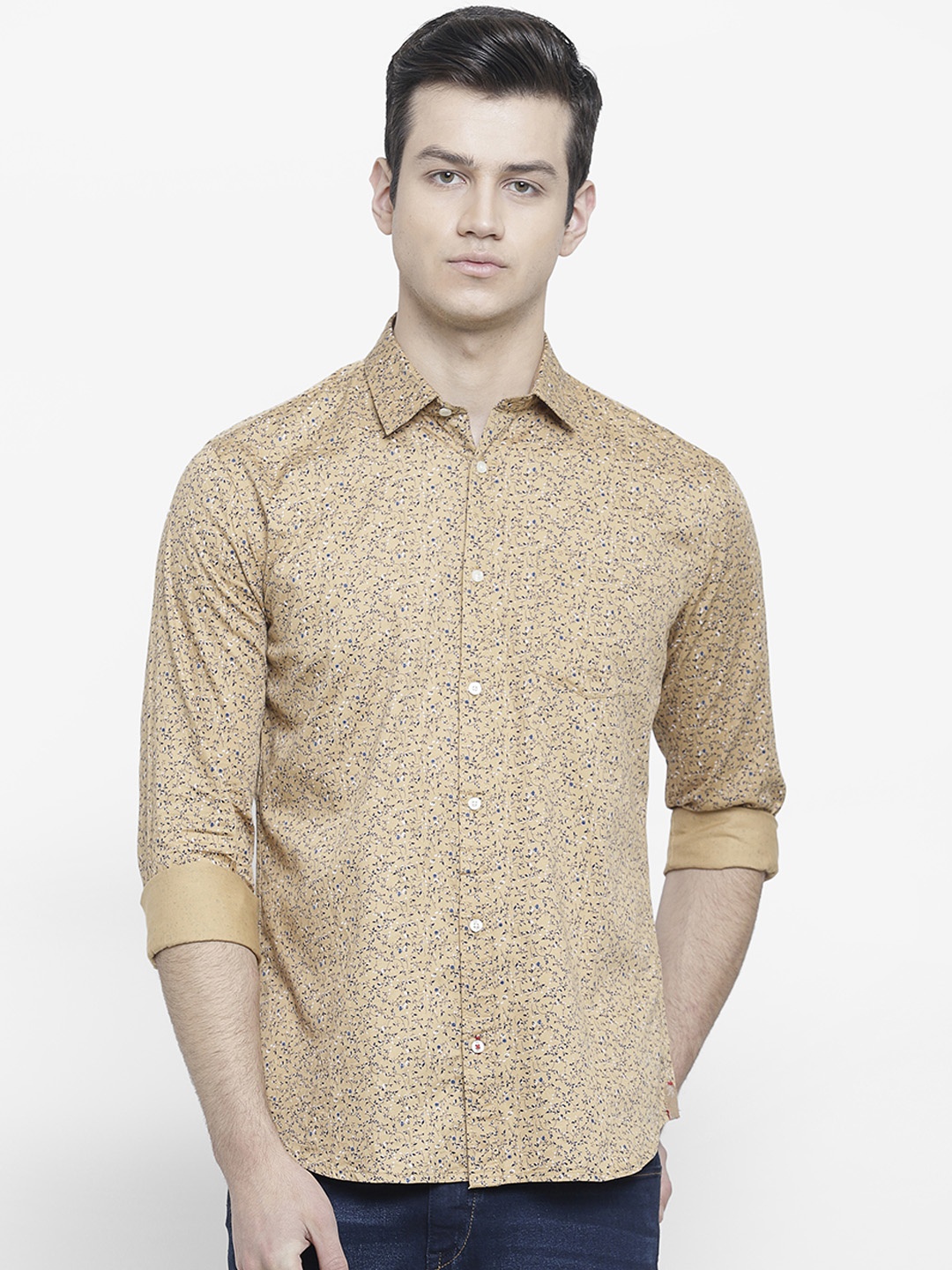 

cape canary Men Beige Regular Fit Printed Casual Shirt