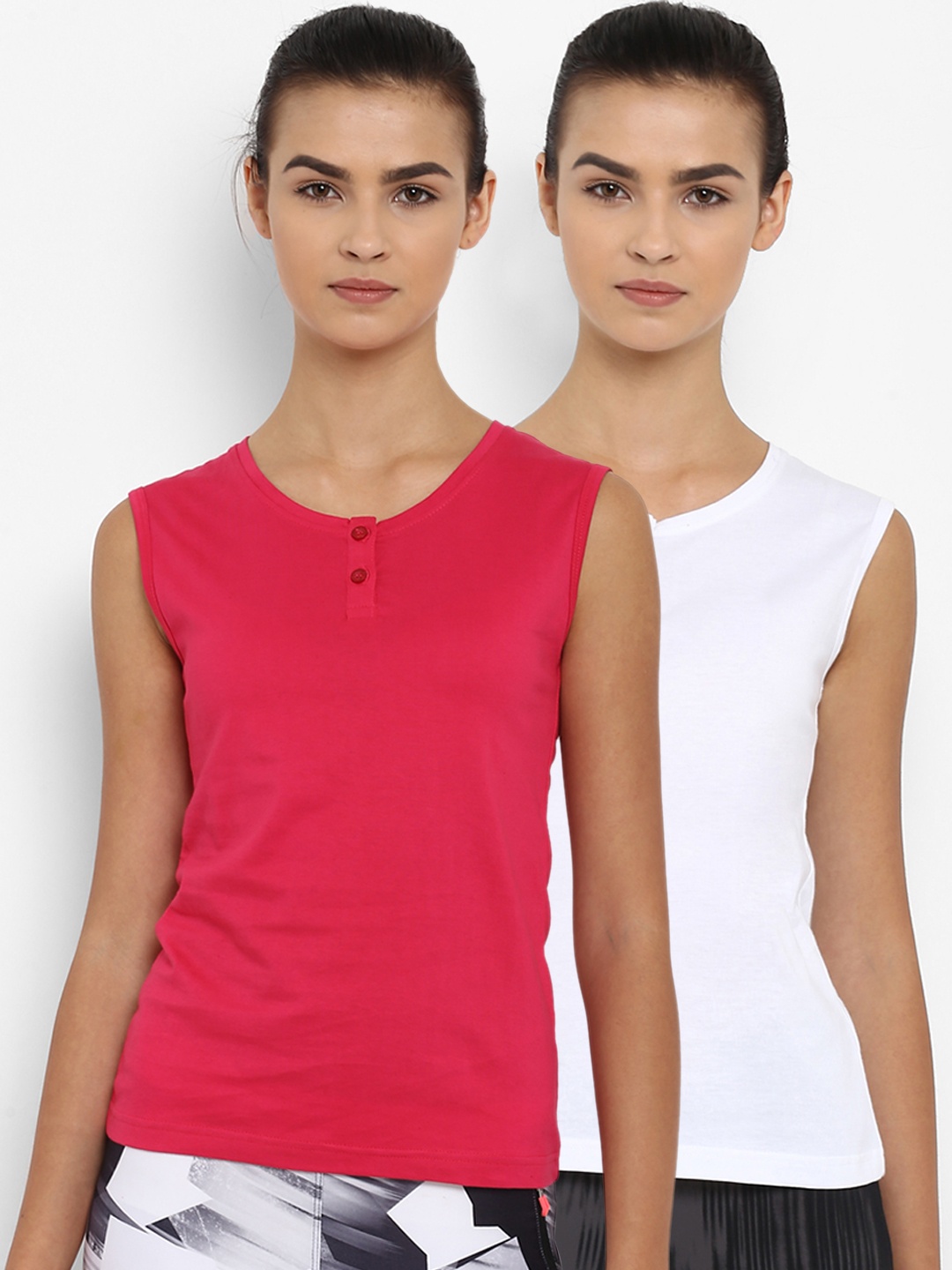 

appulse Women Pack Of 2 Solid Henley Neck T-shirt, White