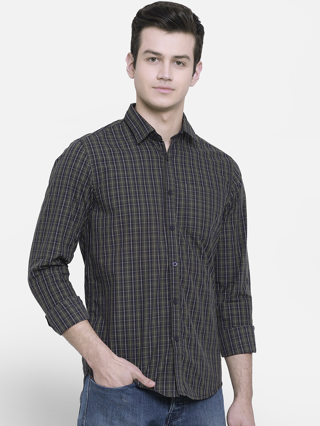 

cape canary Men Olive Green & Navy Blue Regular Fit Checked Casual Shirt