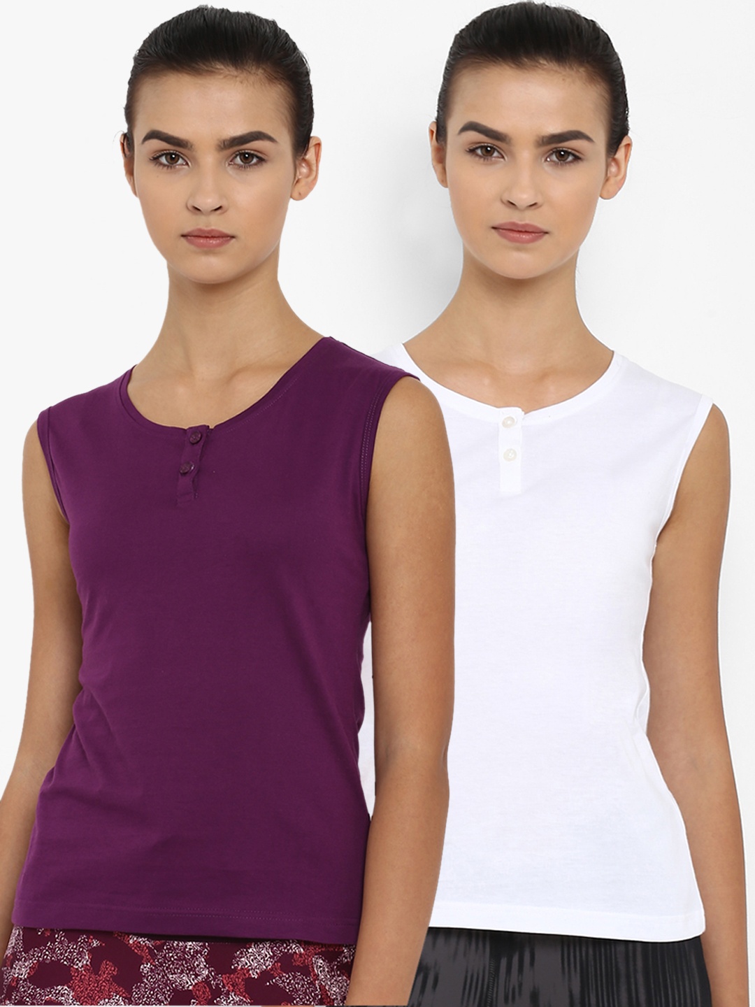 

appulse Women Pack Of 2 Solid Henley Neck T-shirt, White