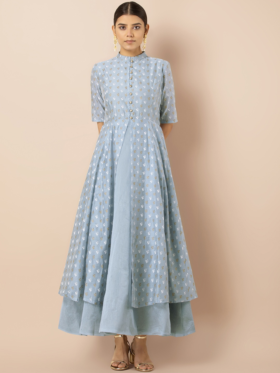 

INDYA Women Blue Foil Chanderi Kurta with Attached Skirt