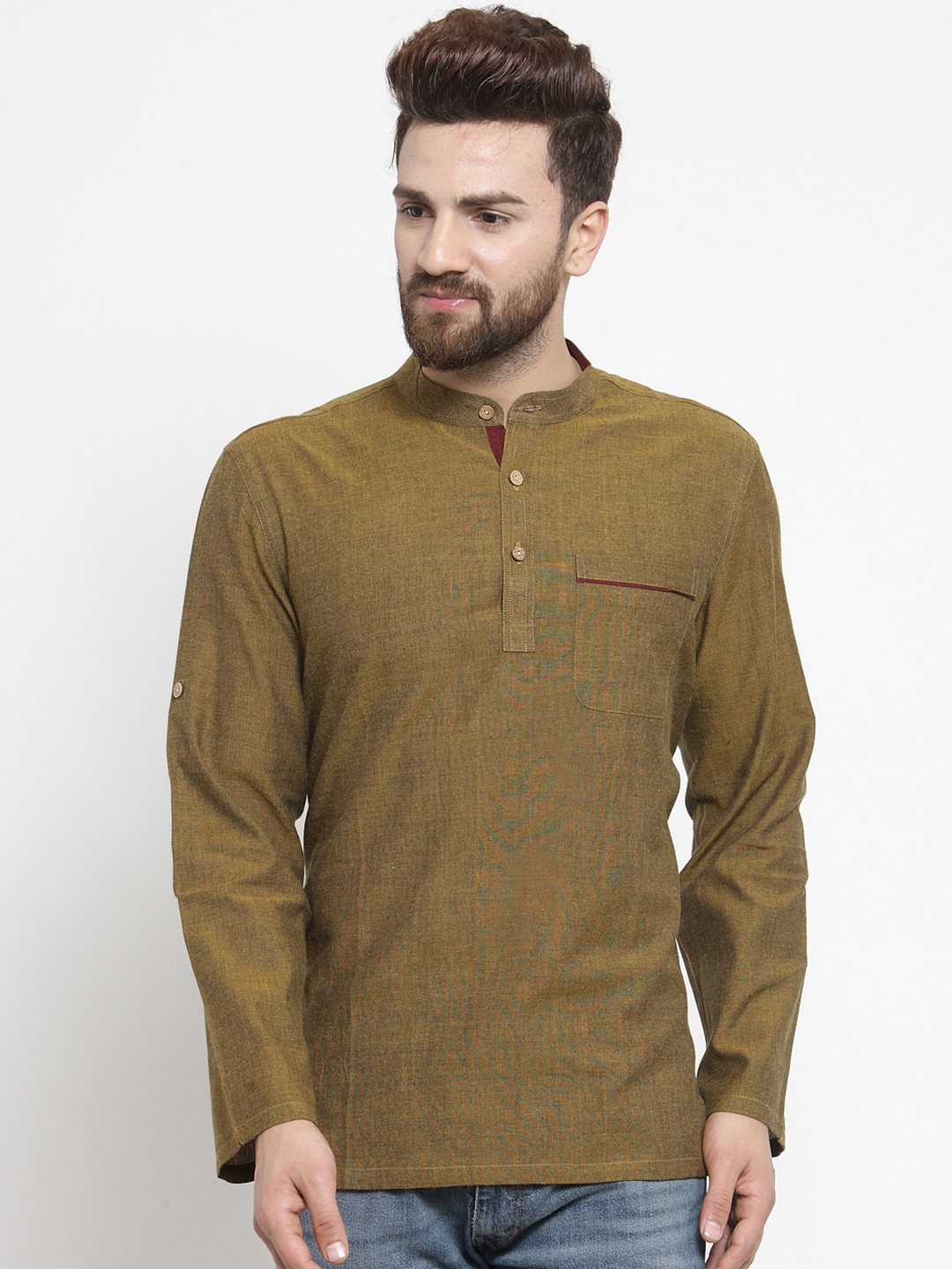 

NEUDIS Men Olive Brown Solid Handloom Straight Kurta