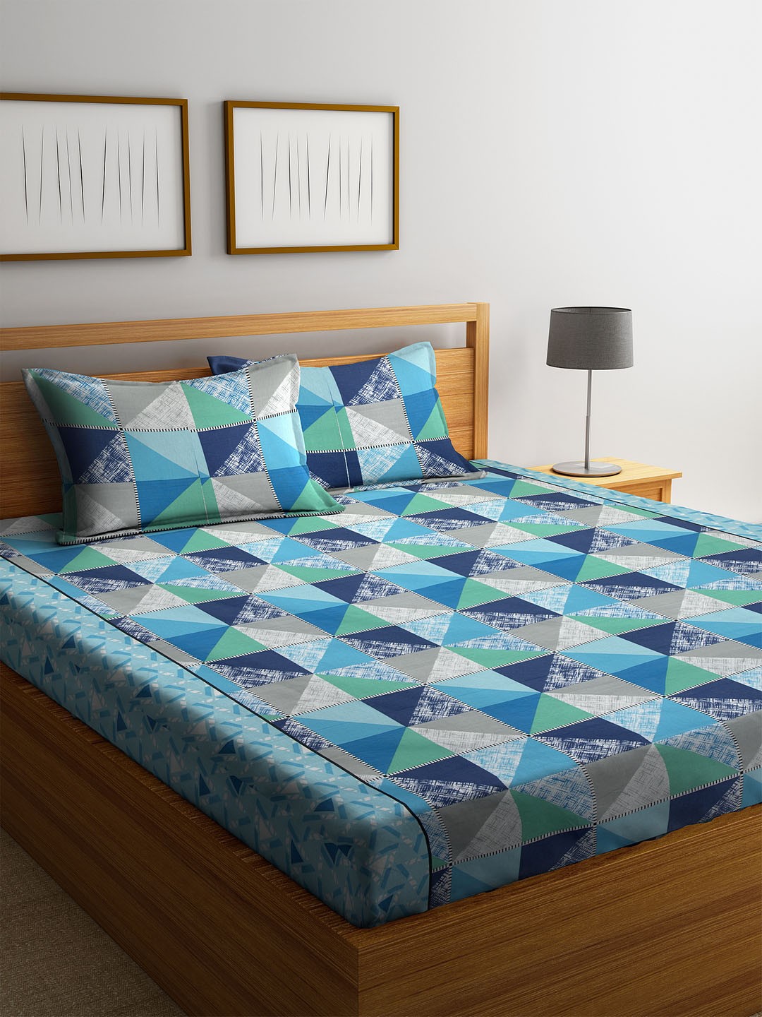 

Cortina Blue & Grey Geometric 120 TC Cotton 1 Queen Bedsheet with 2 Pillow Covers