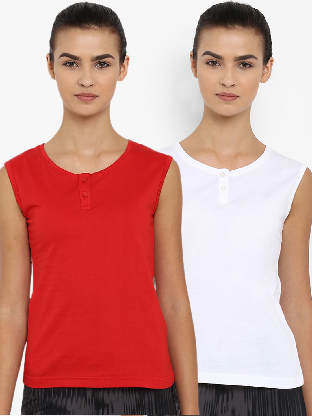

appulse Women Pack Of 2 Solid Henley Neck T-shirt, Red