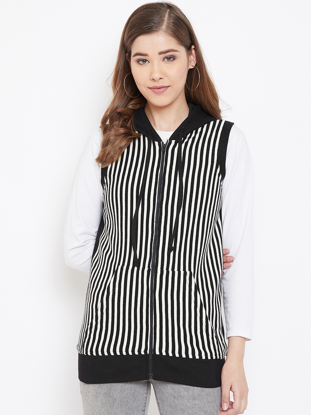 

Rute Women Black & White Striped Hooded Sweatshirt
