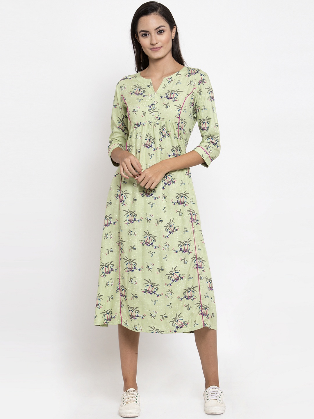 

Indibelle Women Green & Navy Blue Printed Fit and Flare Dress