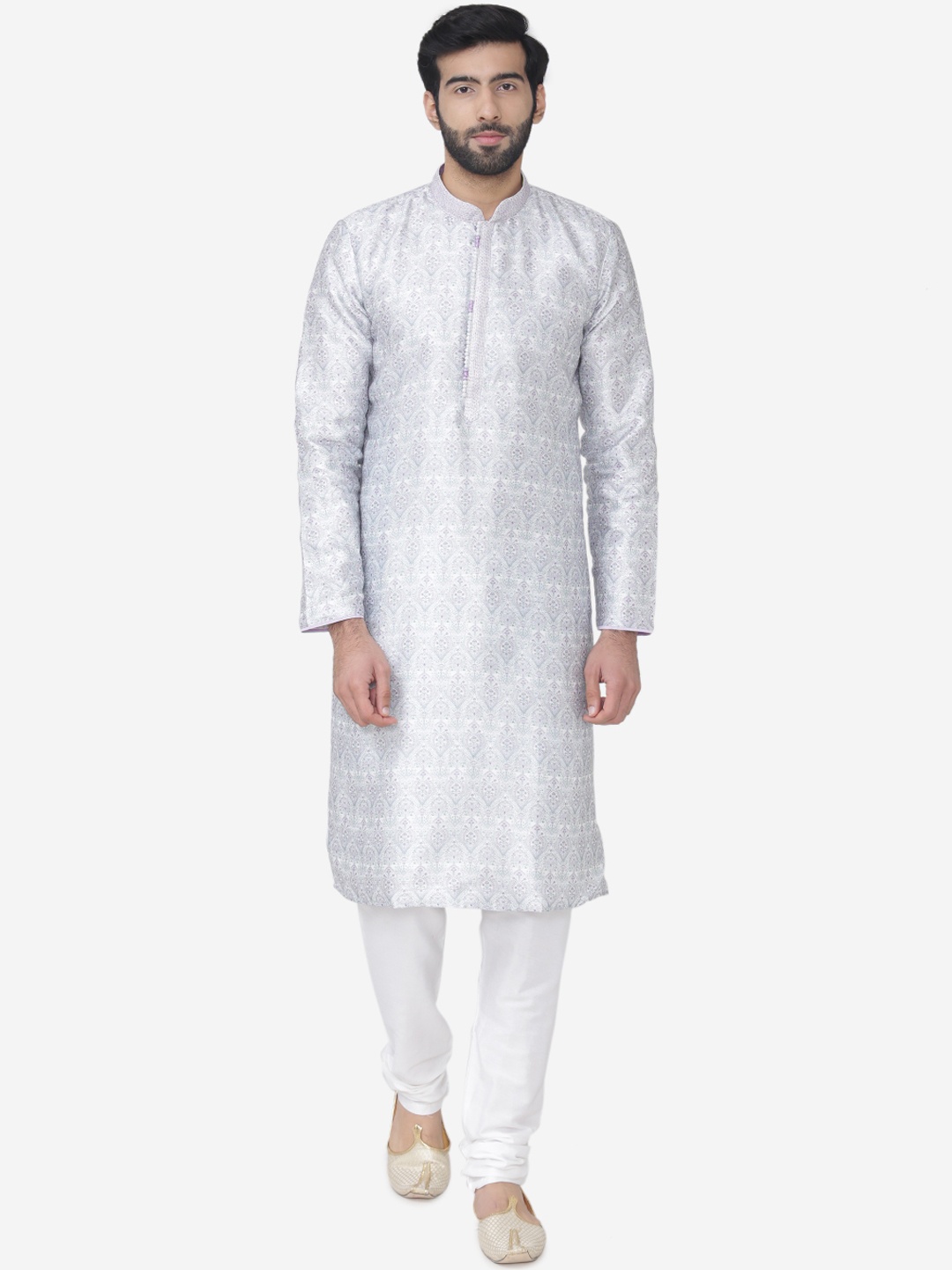 

Manyavar Men White & Green Self Design Kurta with Churidar