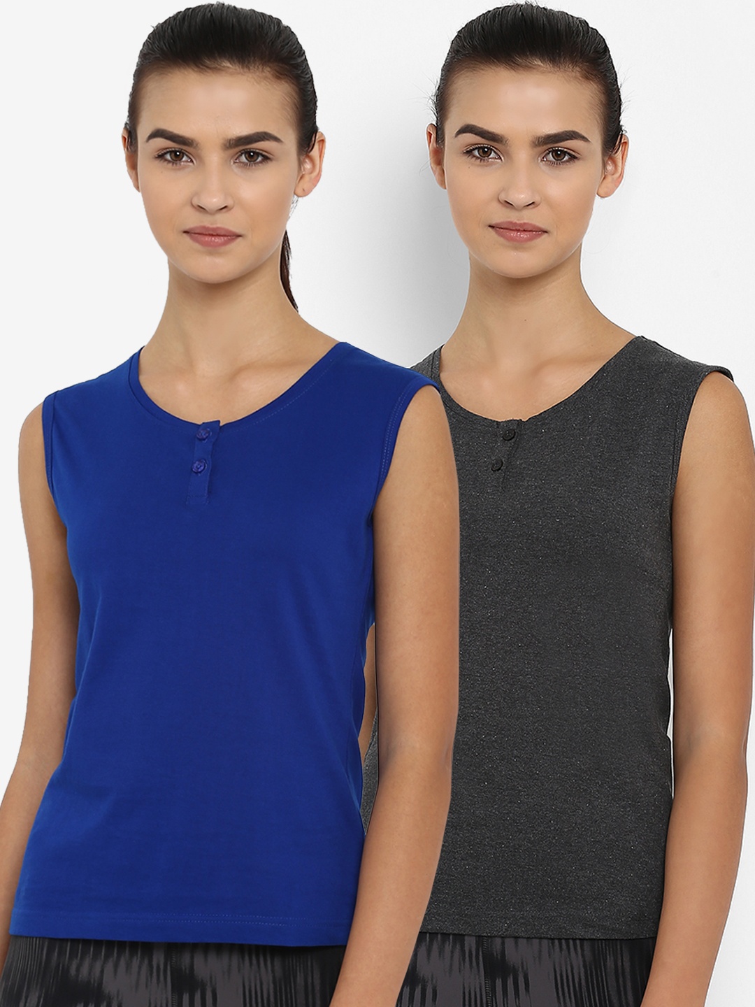 

appulse Women Pack of 2 Solid Henley Neck Slim Fit T-shirts, Blue