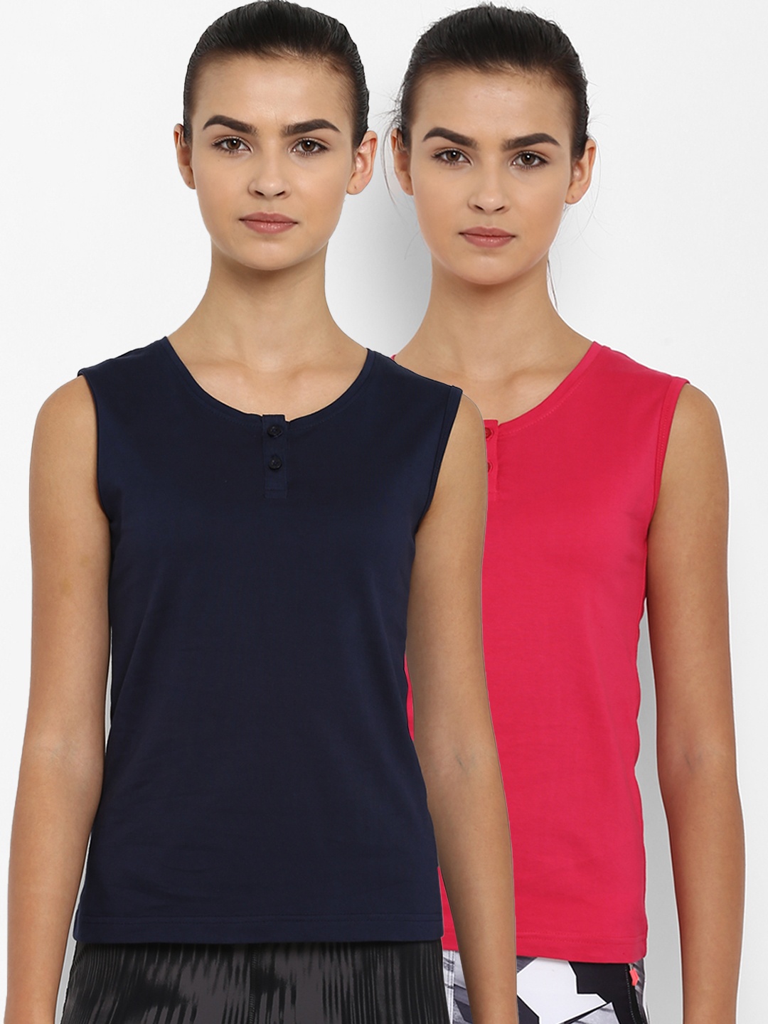 

appulse Women Pack of 2 Solid Henley Neck Slim Fit T-shirts, Navy blue