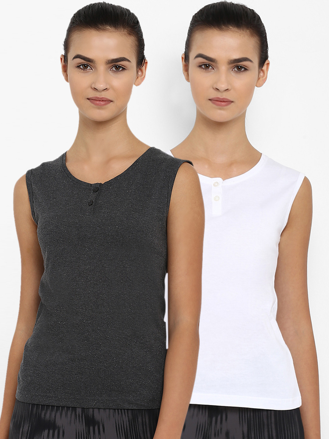 

appulse Women Pack Of 2 Solid Henley Neck T-shirt, White