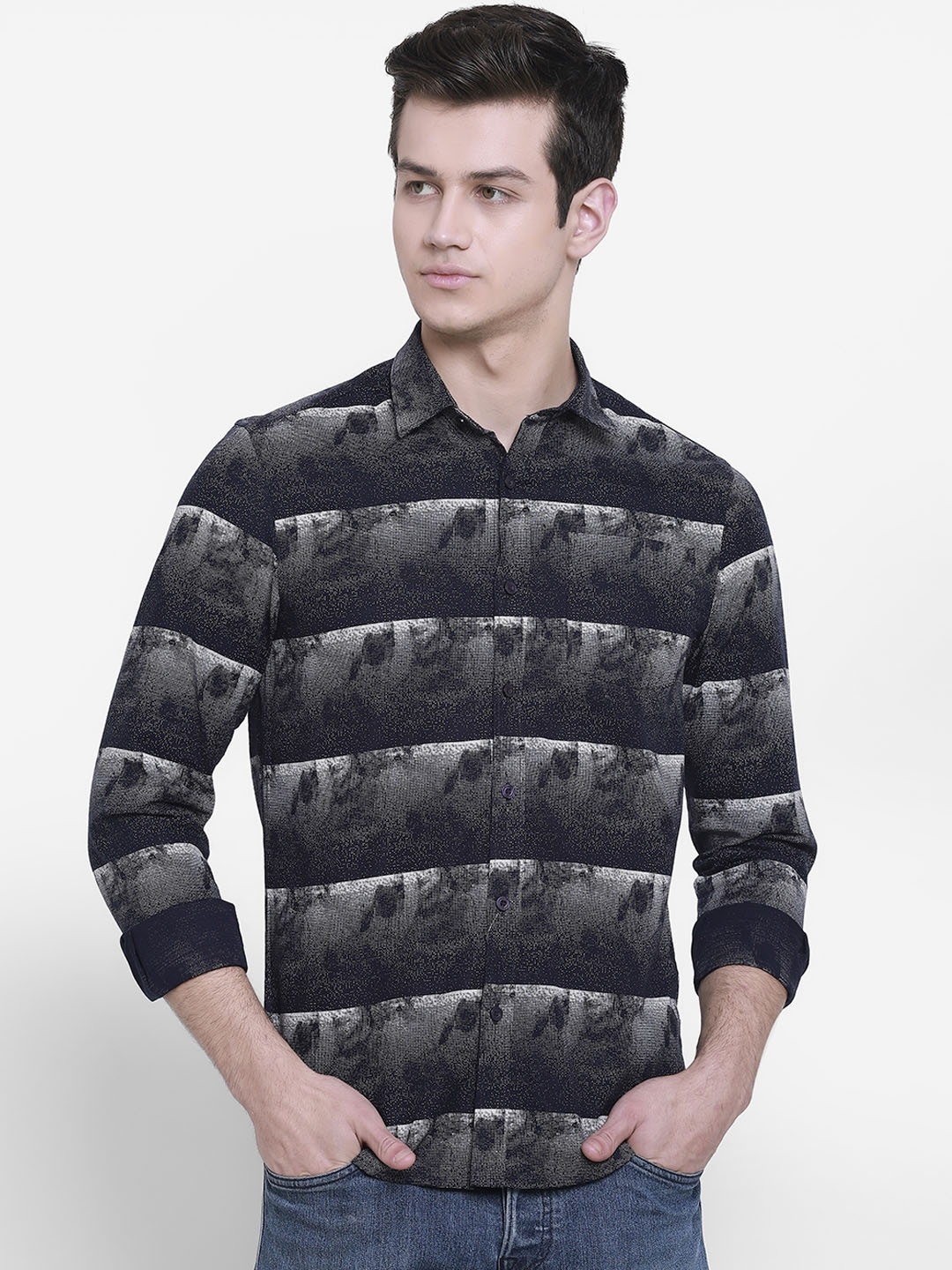 

cape canary Men Navy Blue Regular Fit Printed Casual Shirt