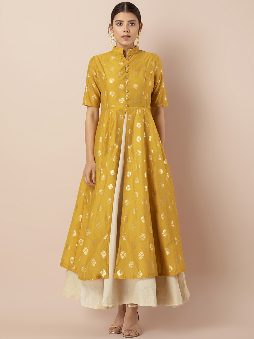 

INDYA Women Mustard Ivory Foil Chanderi Kurta with Attached Skirt, Yellow