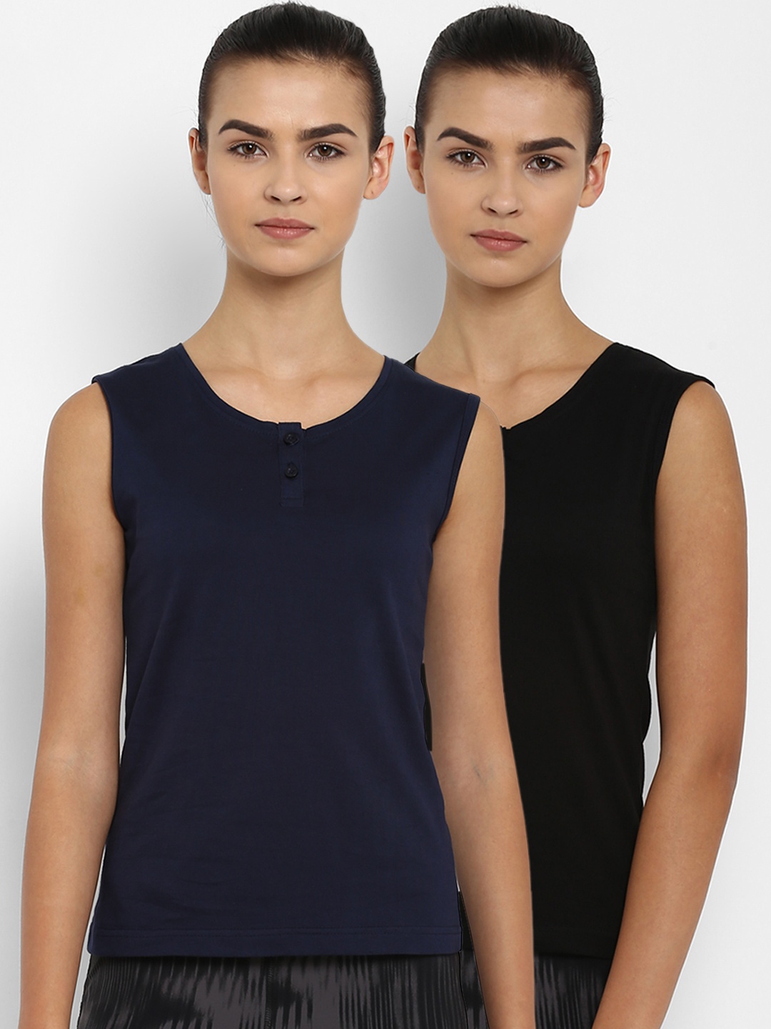

appulse Women Pack Of 2 Solid Henley Neck T-shirt, Black