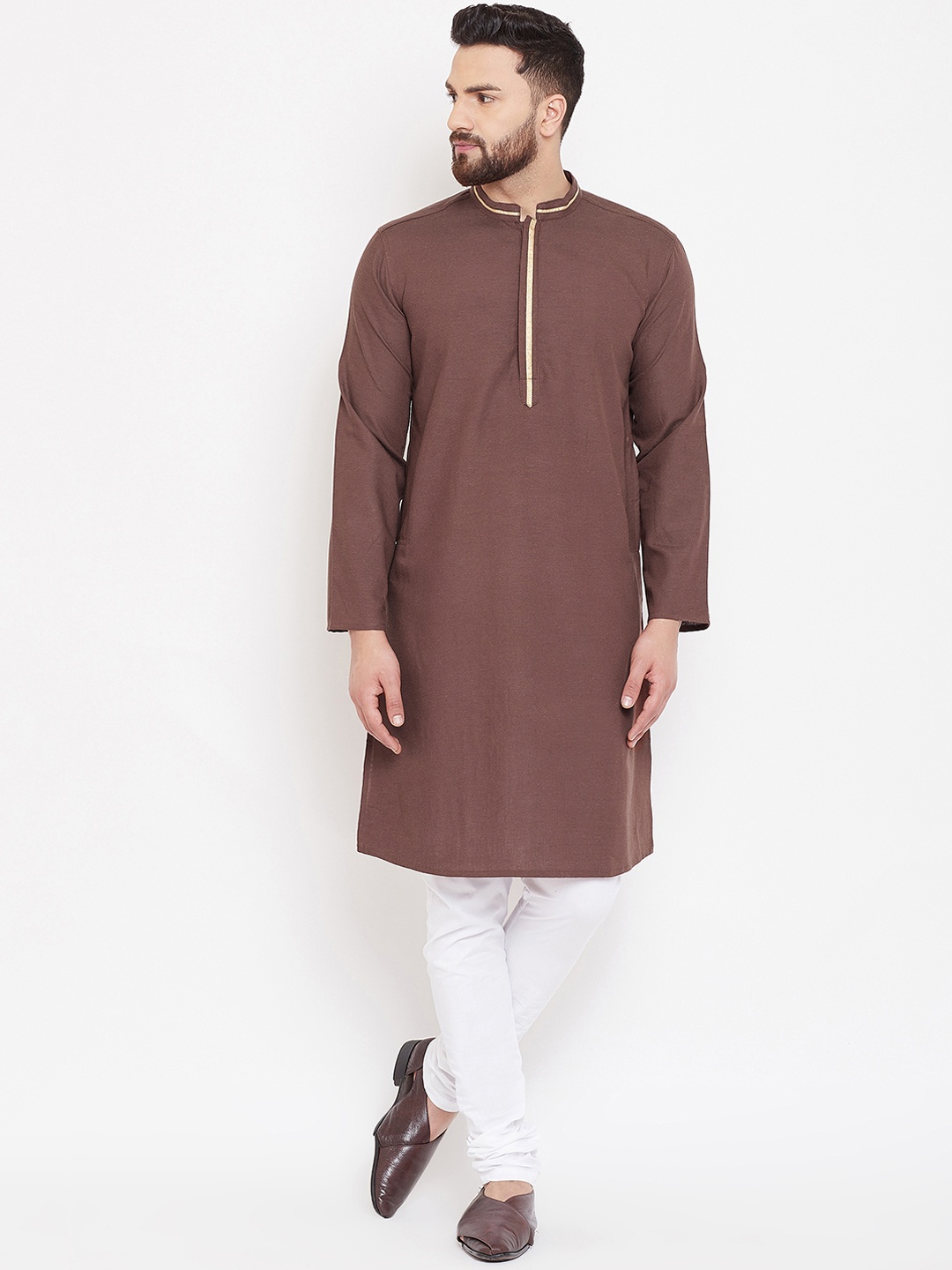 

even Men Brown Solid Straight Linen Kurta
