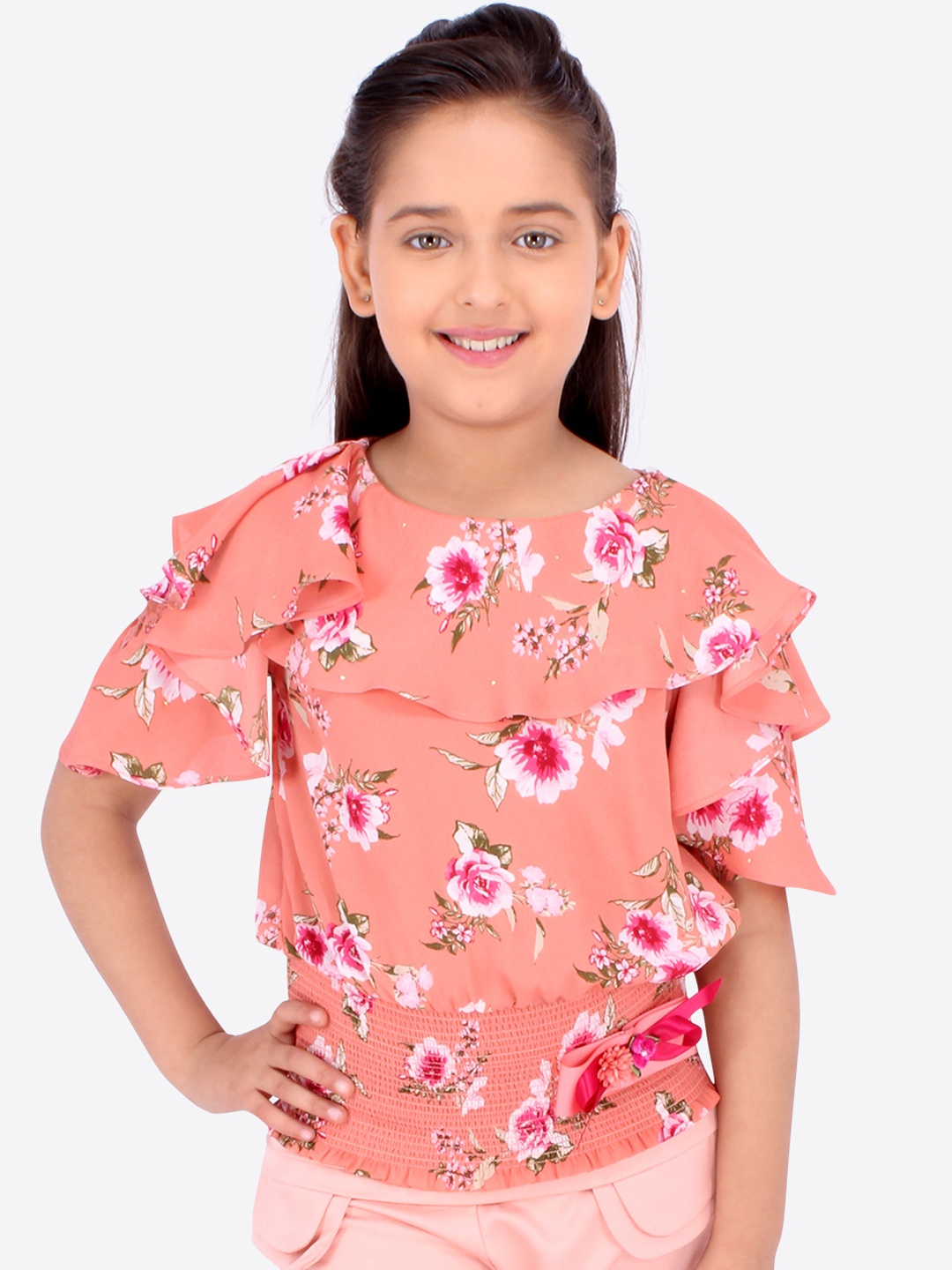 

CUTECUMBER Girls Orange & Pink Printed Blouson Top