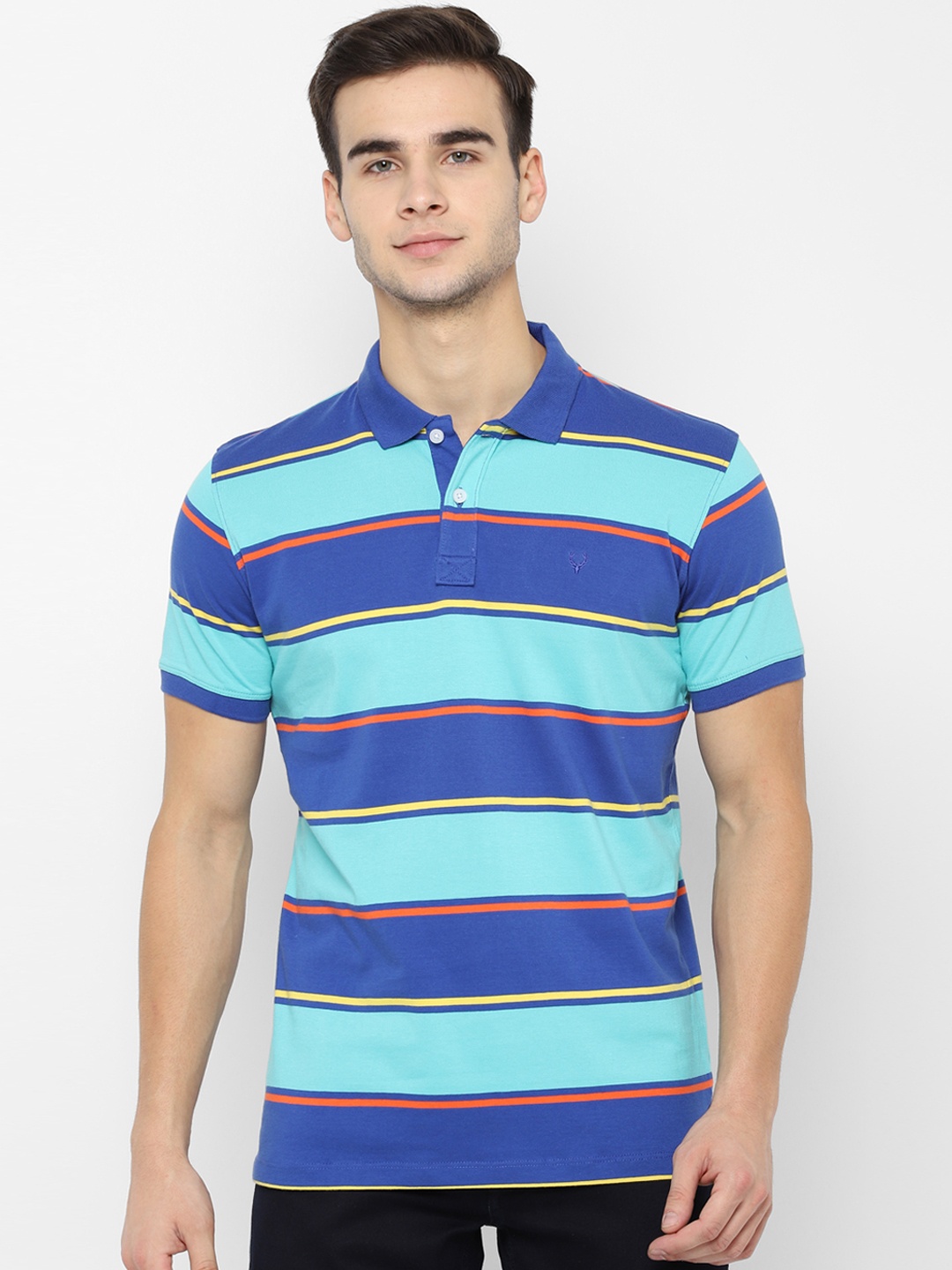 

Allen Solly Sport Men Blue Striped Polo Collar Pure Cotton T-shirt