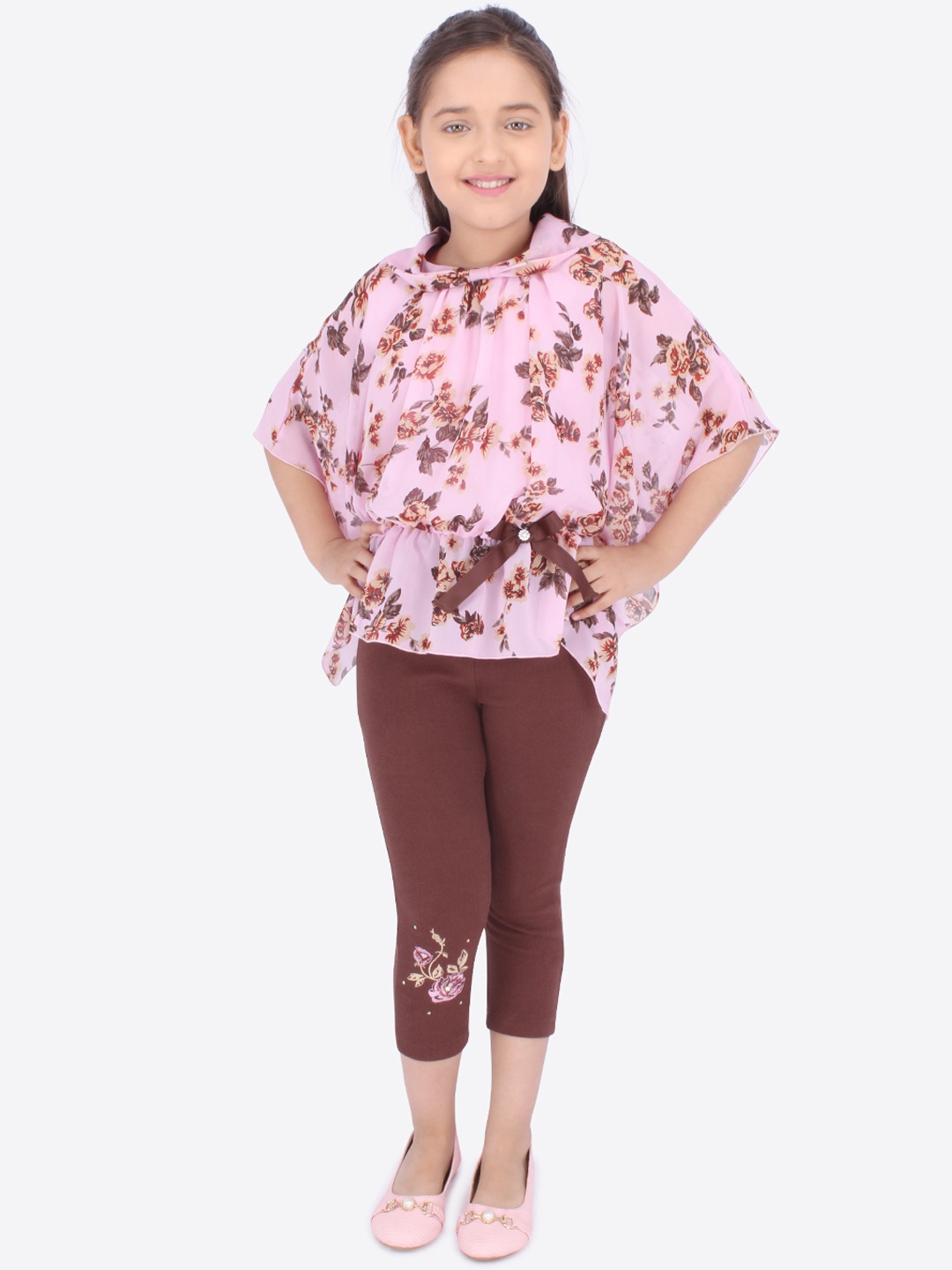 CUTECUMBER Girls Pink & Brown Printed Top with Capris