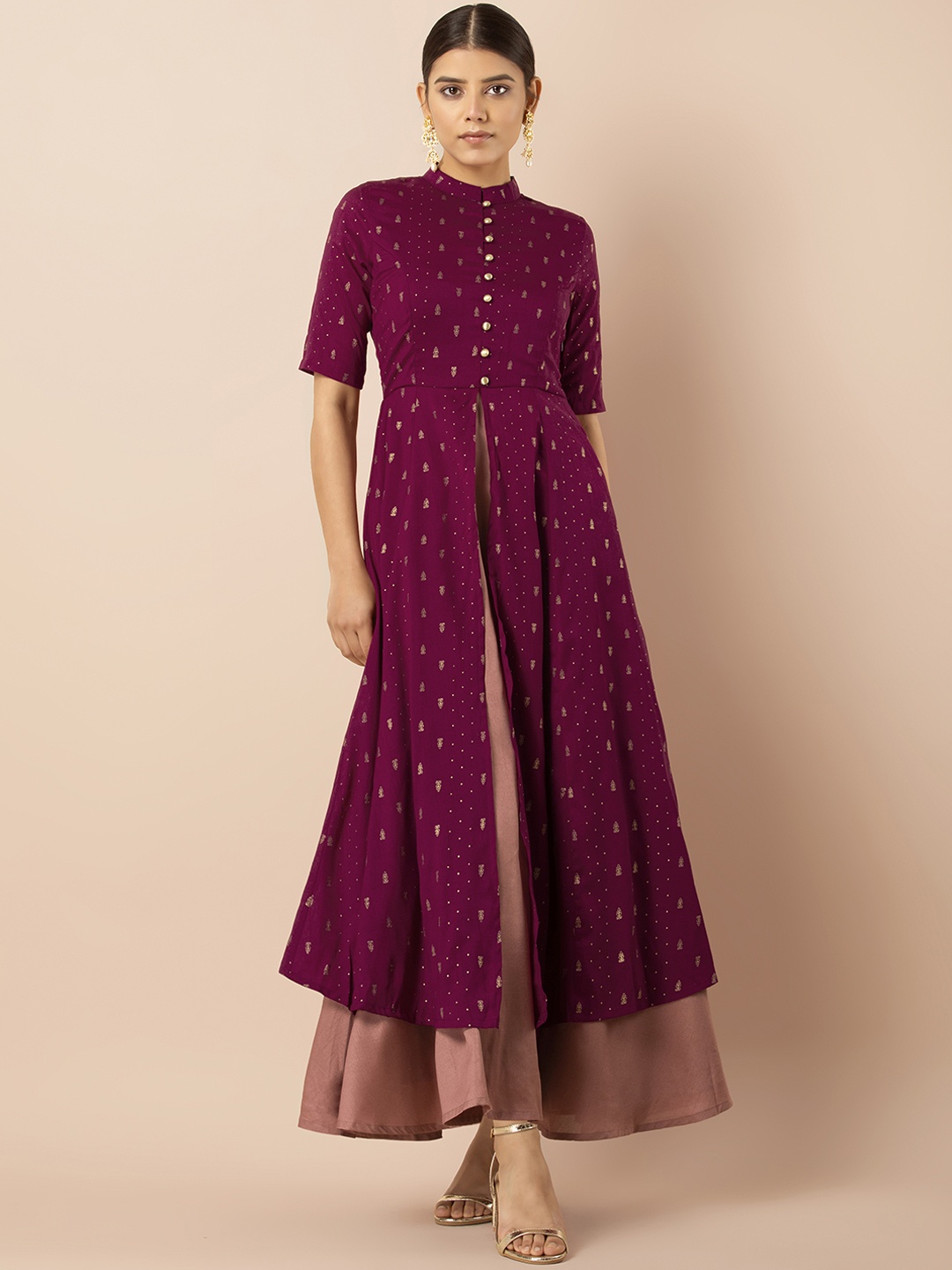 

INDYA Women Pink Foil Layered Maxi Kurta with Attached Skirt, Magenta