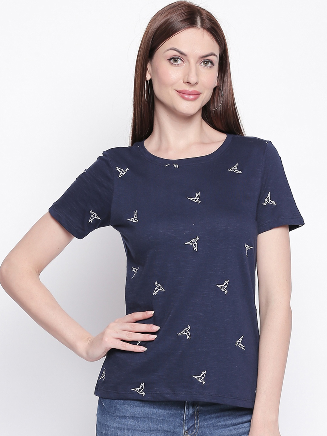 

Honey by Pantaloons Women Blue White Printed Round Neck Pure Cotton T-shirt