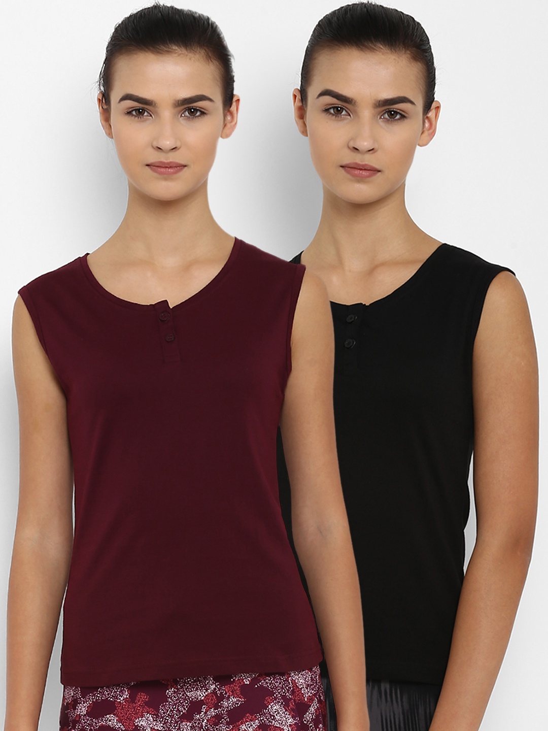 appulse Women Pack Of 2 Solid Henley Neck T-shirt, Black