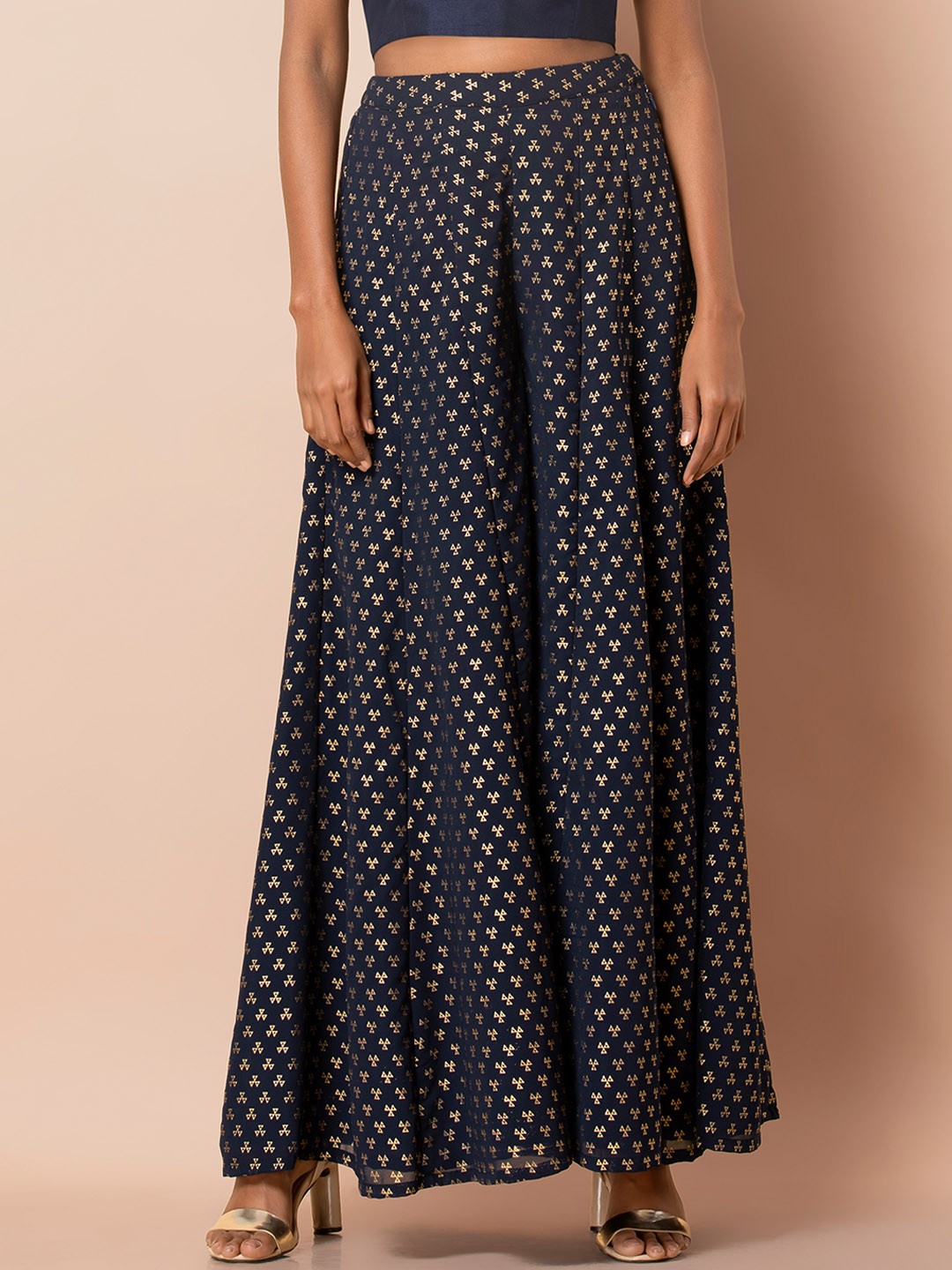 

INDYA Women Navy Blue & Gold-Coloured Foil Printed Flared Palazzos