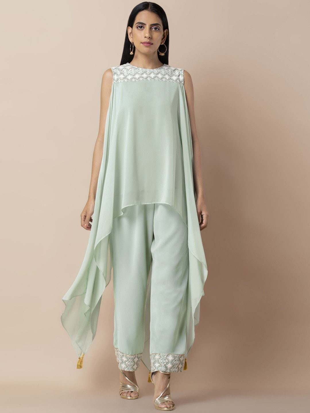 

INDYA Seafoam Green Embroidered High Low Kurti, Sea green