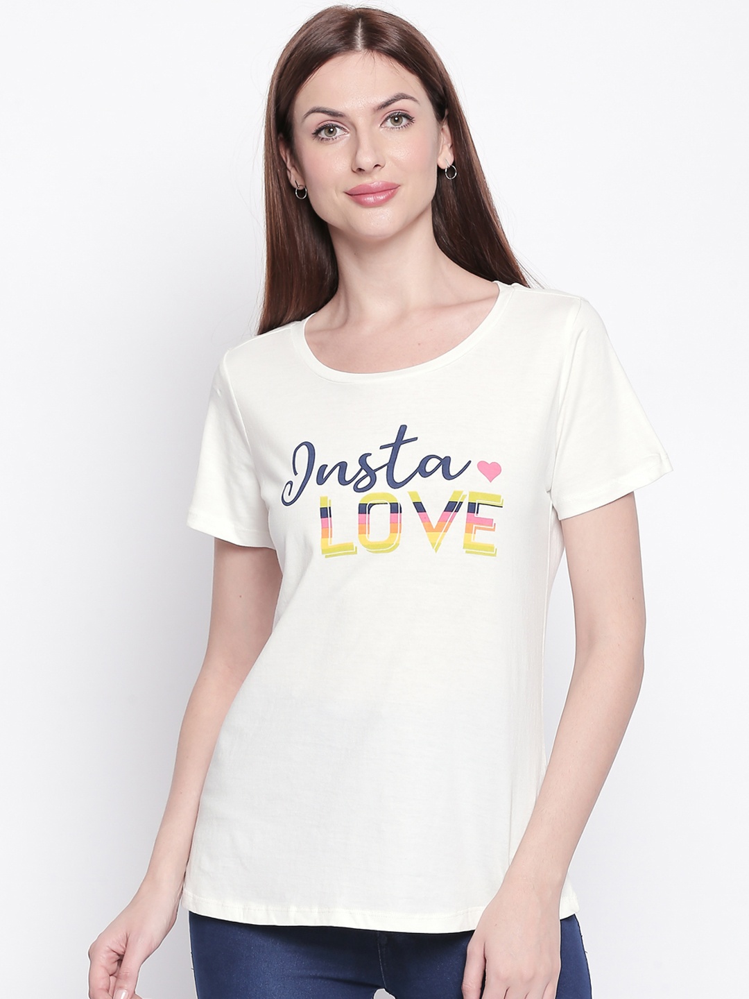 

Honey by Pantaloons Women White Blue Printed Round Neck Pure Cotton T-shirt