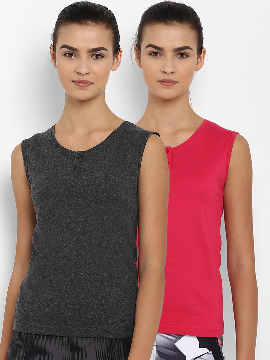 appulse Women Pack of 2 Solid Henley Neck Slim Fit T-shirts, Grey