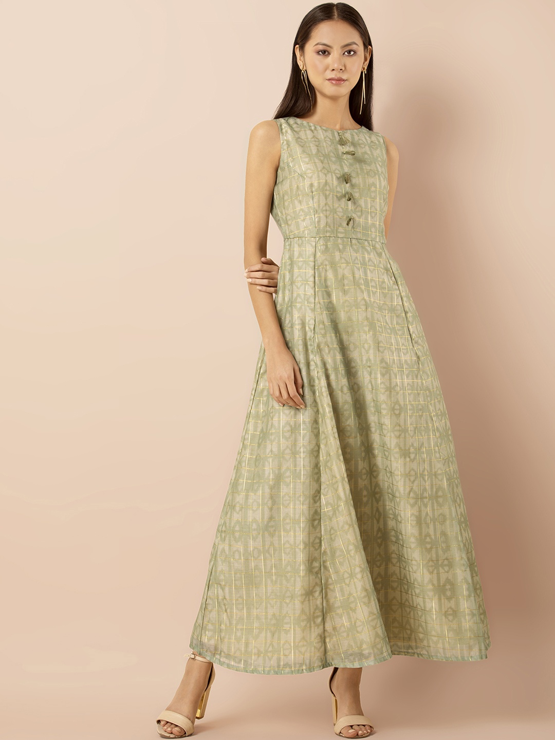 INDYA Women Green Printed Ethnic Maxi Dress