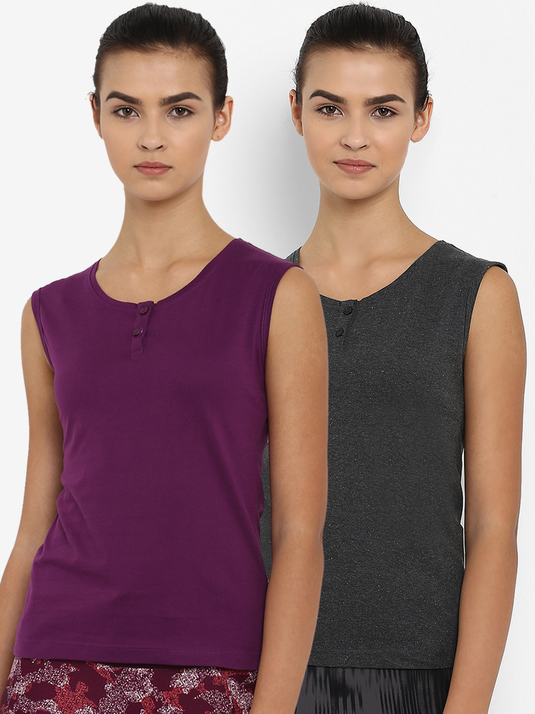 

appulse Women Pack of 2 Solid Henley Neck Slim Fit T-shirts, Purple