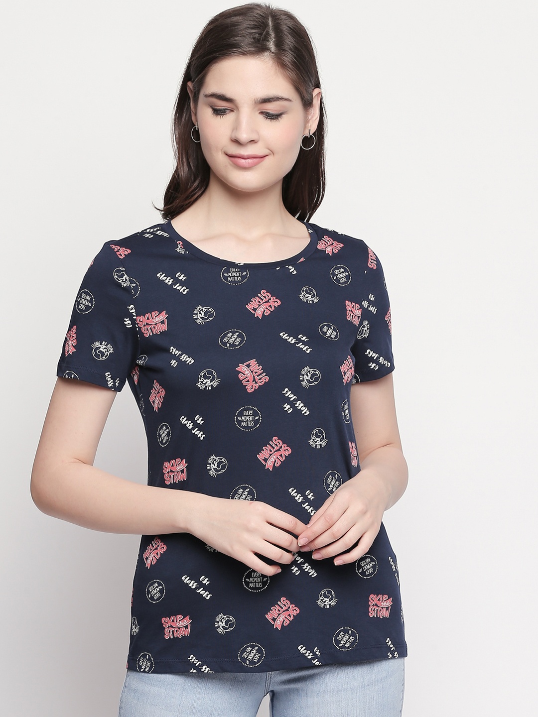 

Honey by Pantaloons Women Blue Pink Printed Round Neck Pure Cotton T-shirt
