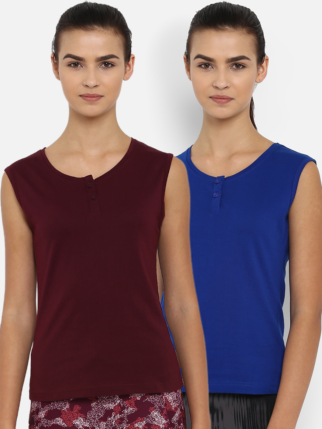 

appulse Women Pack of 2 Solid Henley Neck Slim Fit T-shirts, Maroon