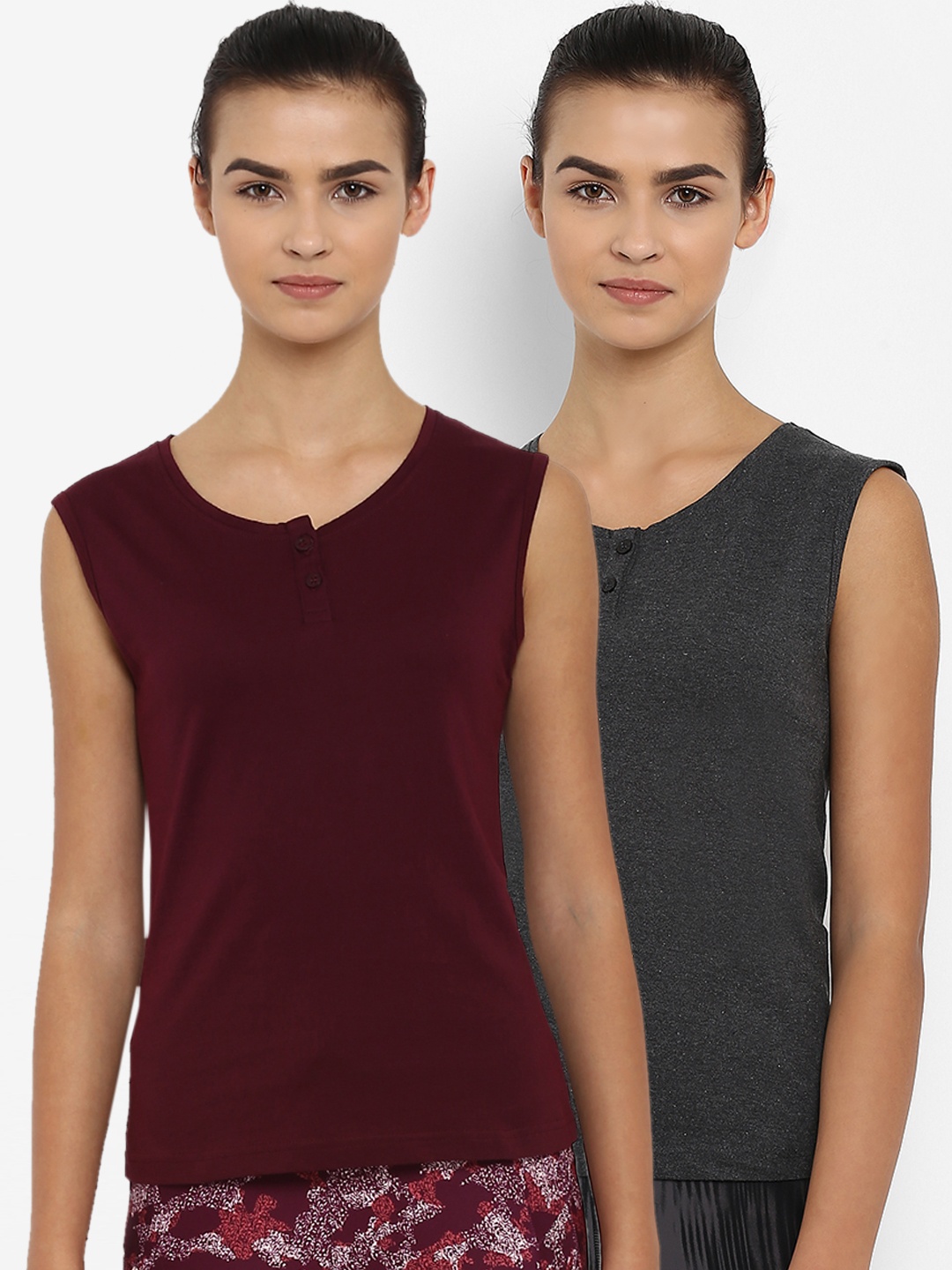 

appulse Women Pack of 2 Solid Henley Neck Slim Fit T-shirts, Maroon
