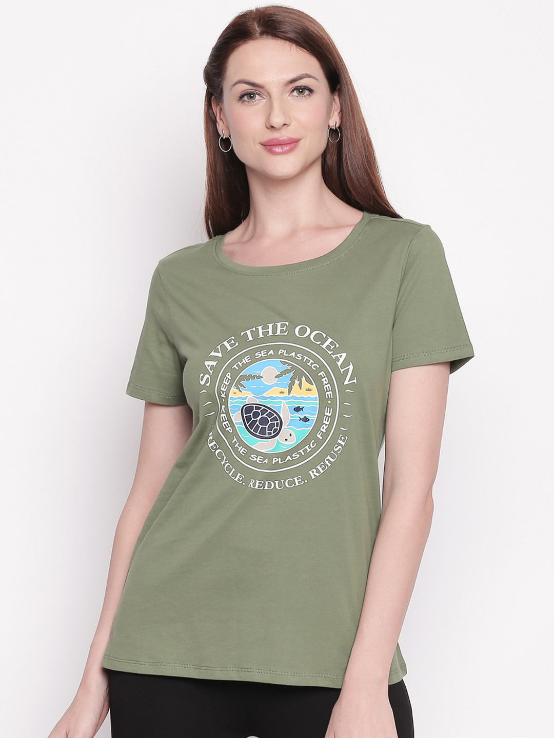 

Honey by Pantaloons Women Green Printed Round Neck Pure Cotton T-shirt