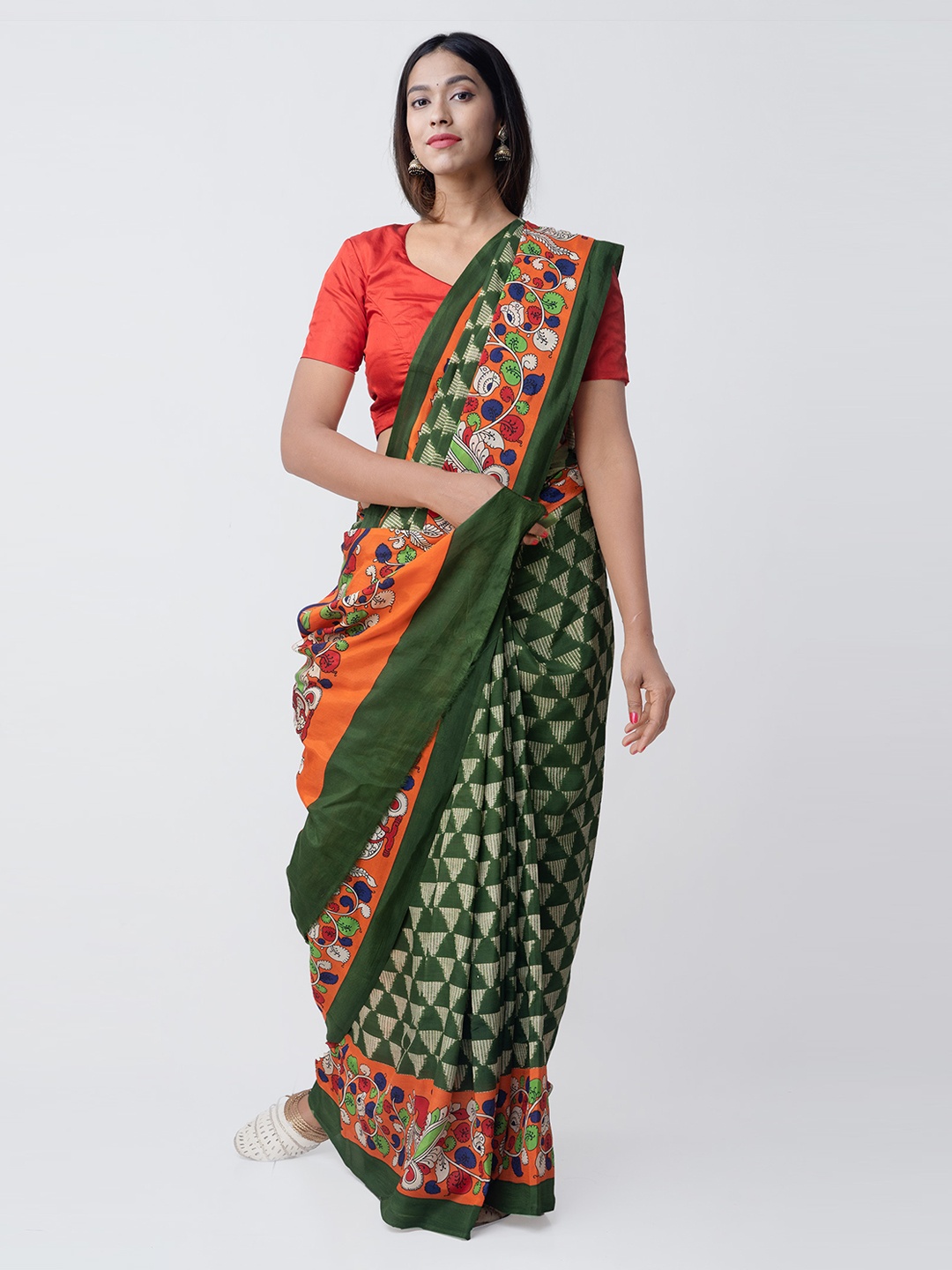 

Unnati Silks Green & Orange Art Silk Printed Pochampally Handloom Saree