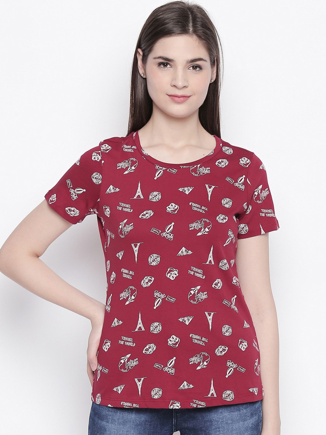 

Honey by Pantaloons Women Red Off-White Printed Round Neck Pure Cotton T-shirt