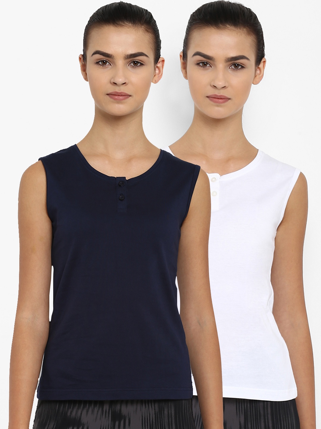

appulse Women Pack Of 2 Solid Henley Neck T-shirt, White