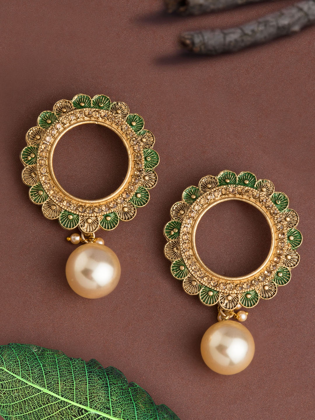 

E2O Gold-Plated & Green Circular Drop Earrings