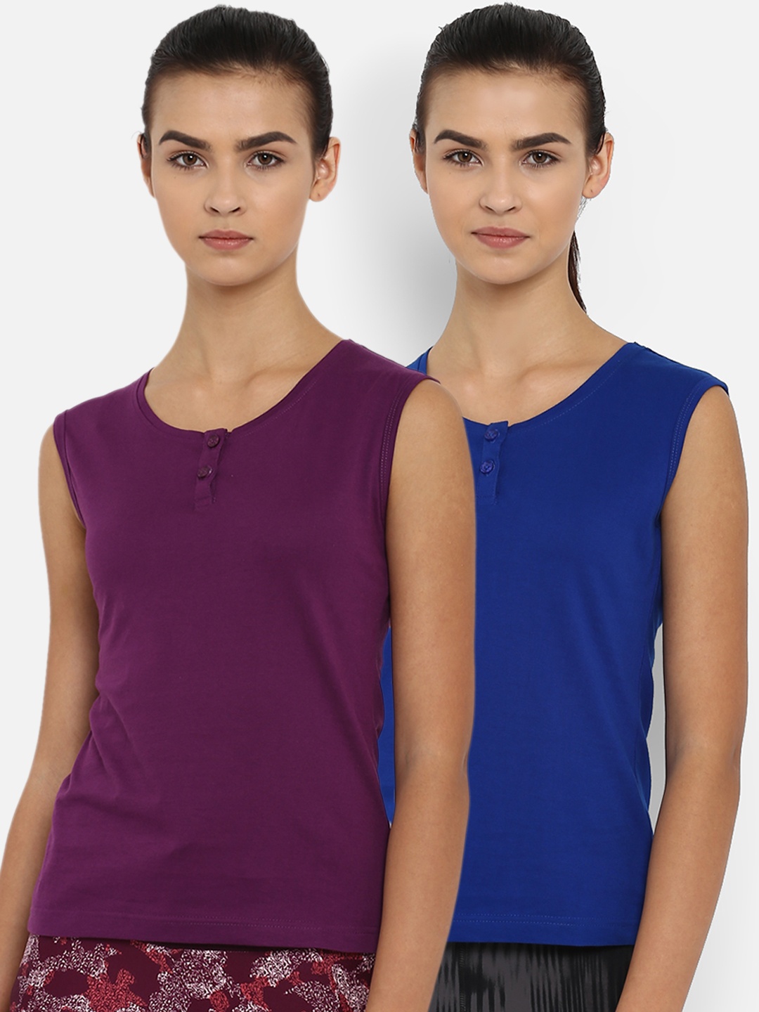 

appulse Women Pack of 2 Solid Henley Neck Slim Fit T-shirts, Purple